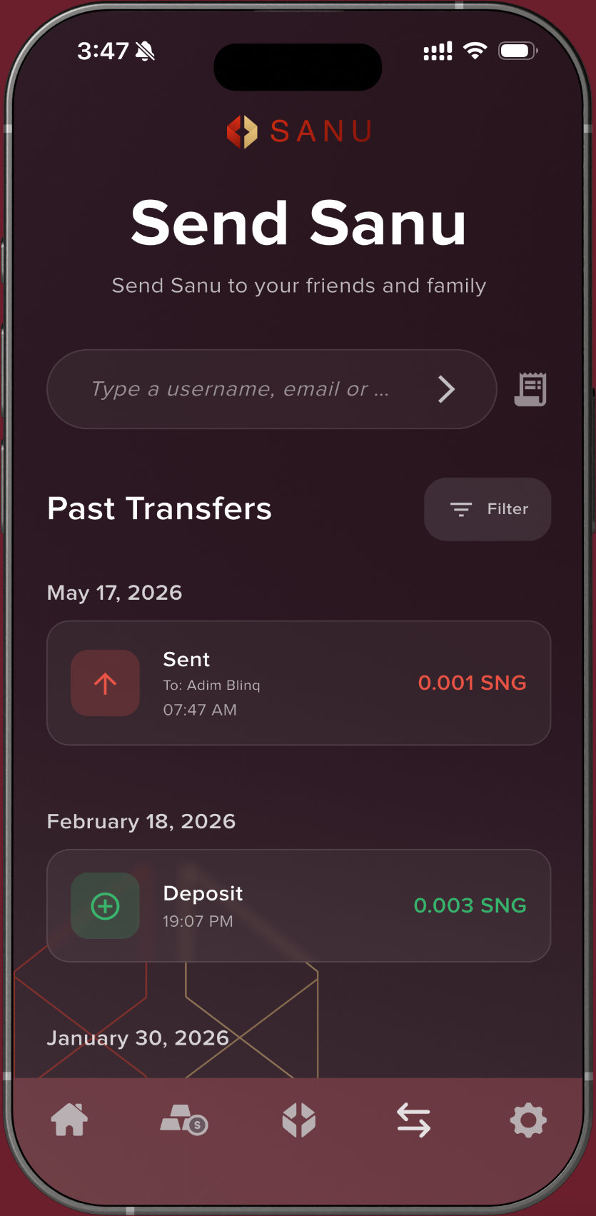 Sanu transfer screen