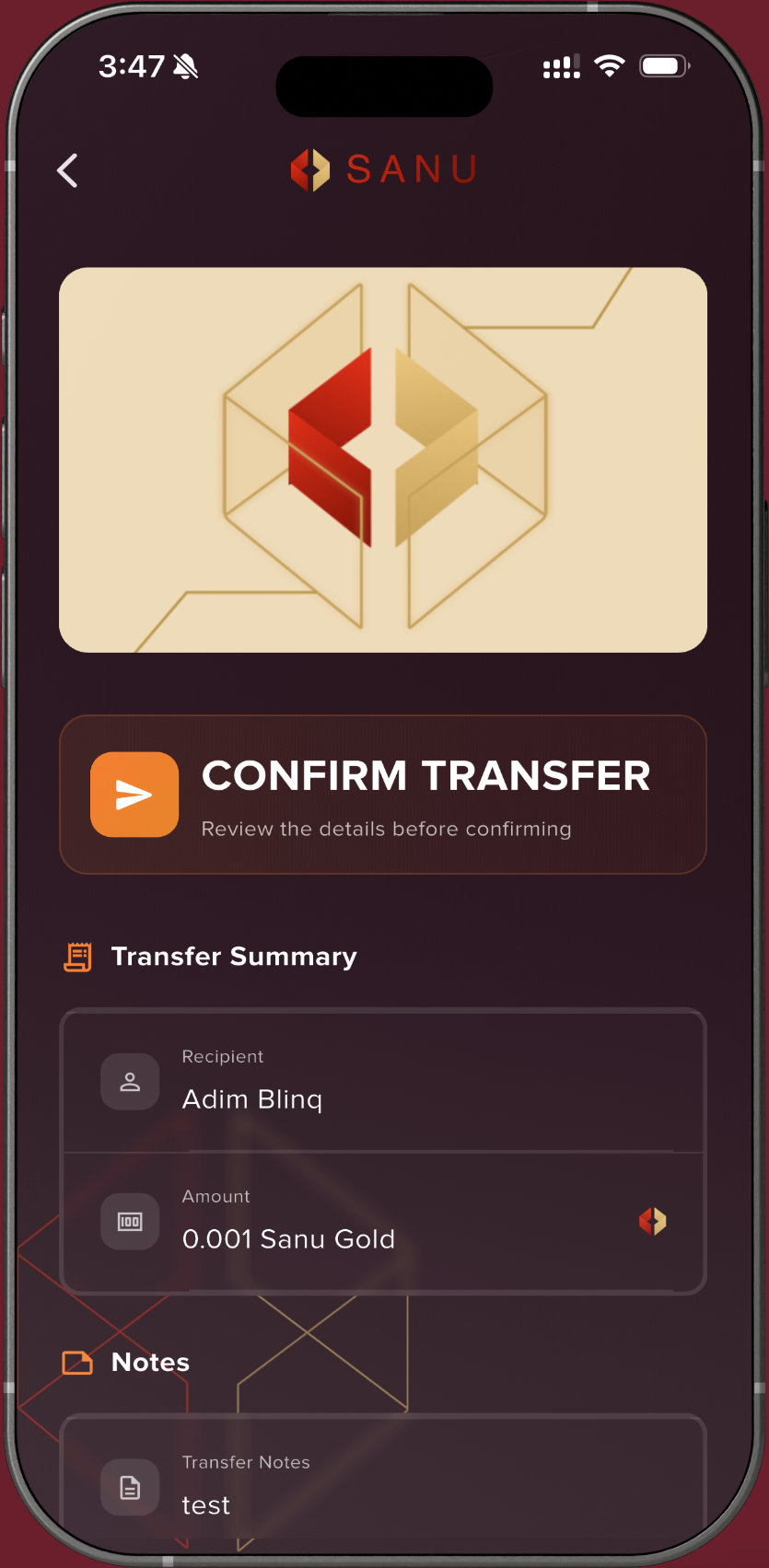 Sanu receive confirmation screen